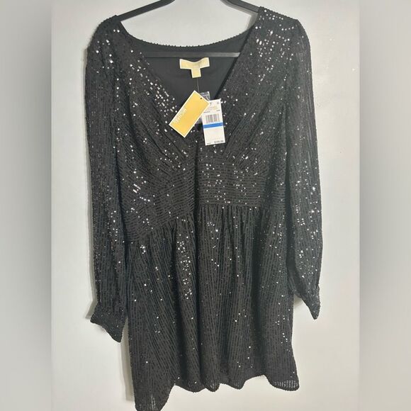 NWT  MICHAEL Michael Kors Sequin Striped V-Neck Minidress Size XL - Picture 2 of 4